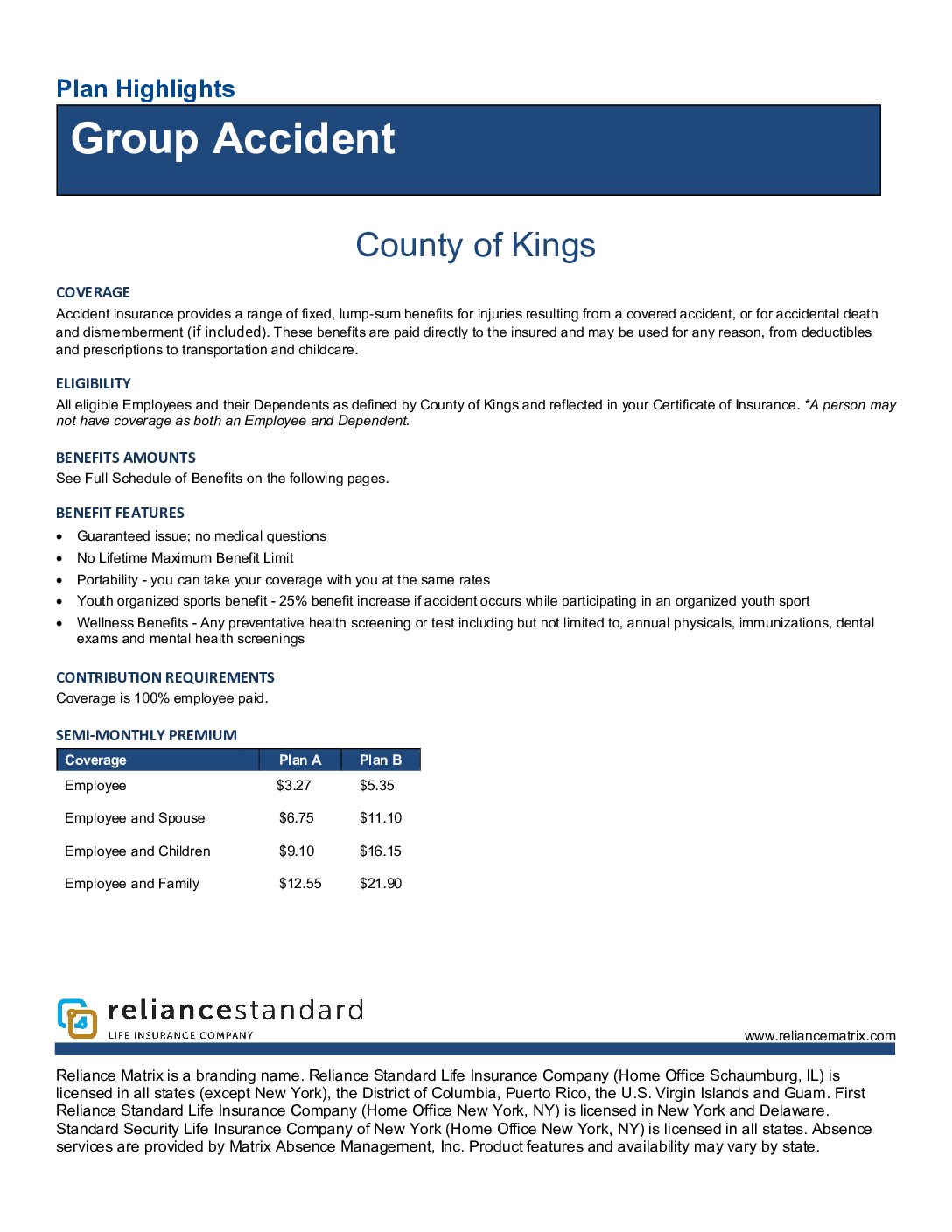 Accident Insurance- Reliance Matrix